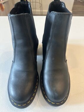 Dr. Martens Black Leather Ankle Boots with Yellow Stitching